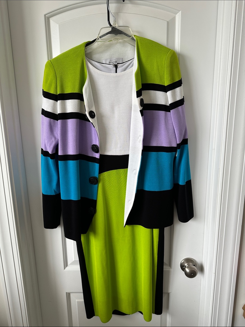Misook Lime Green, Turquoise, Lavender & Black Striped Maxi Dress Set